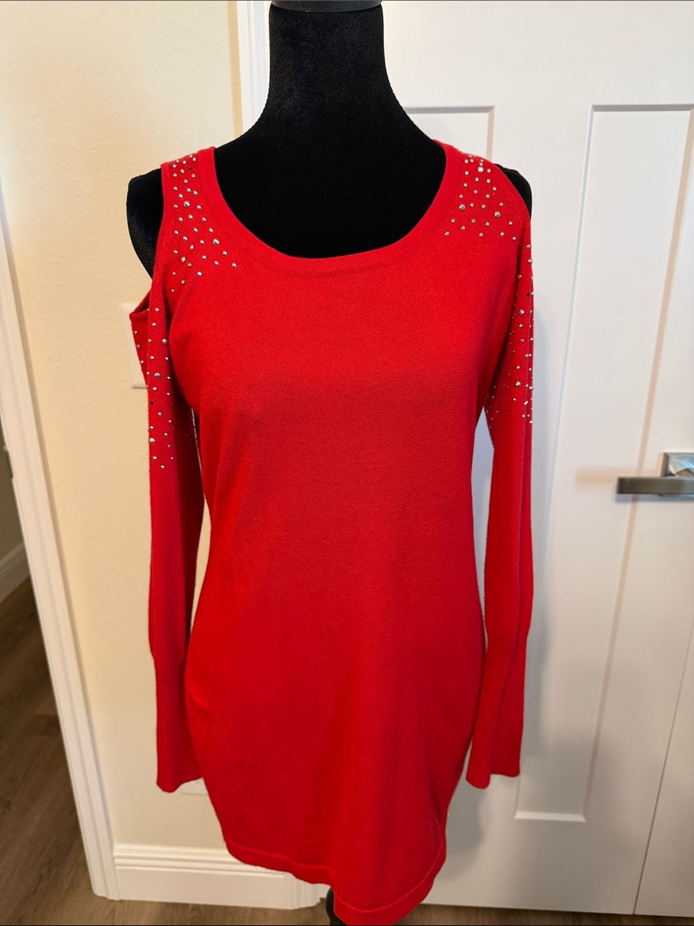Red Cold-Shoulder Rhinestone Knit Top